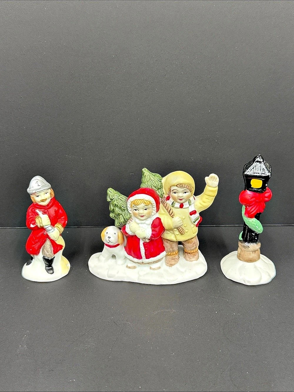 Vintage Christmas Village Porcelain Figurines Lot of 3 Children Dog & Lamp Post